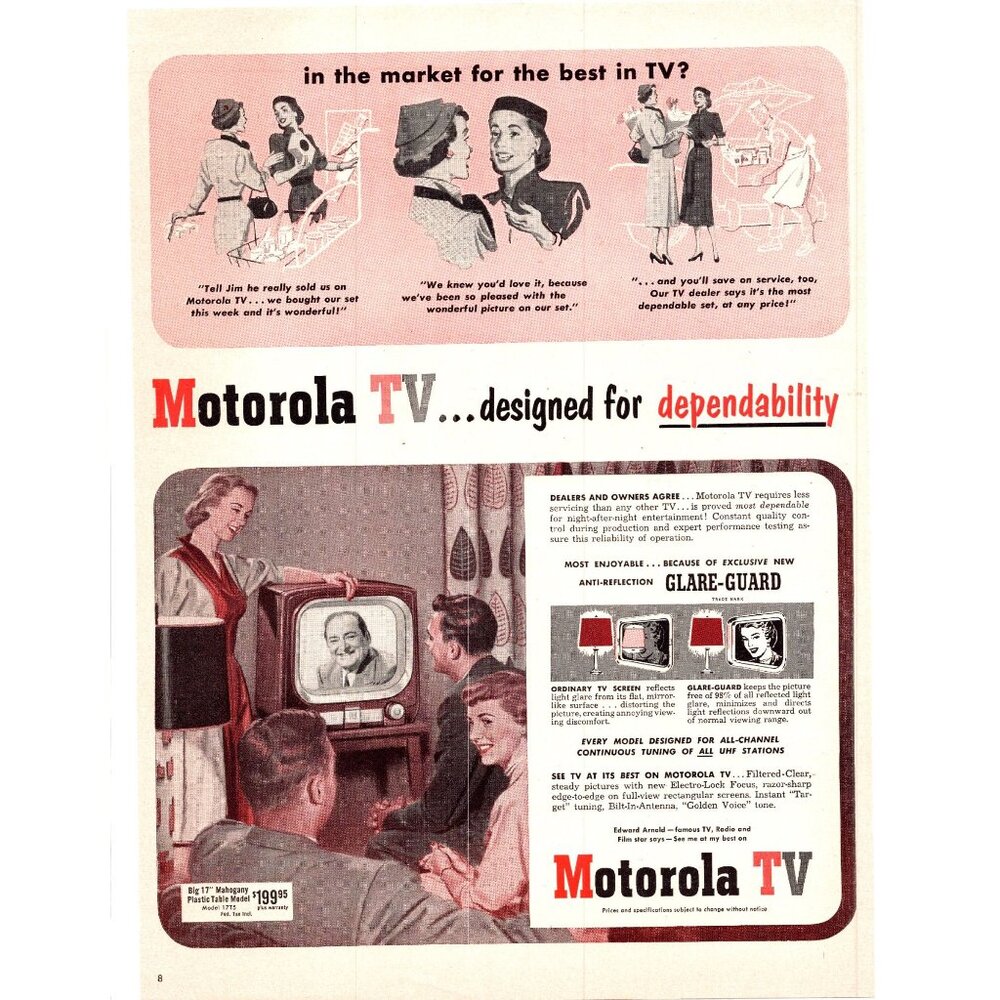 1951 Motorola TV Television Vintage Print Ad Table Model Family Room Wall Art